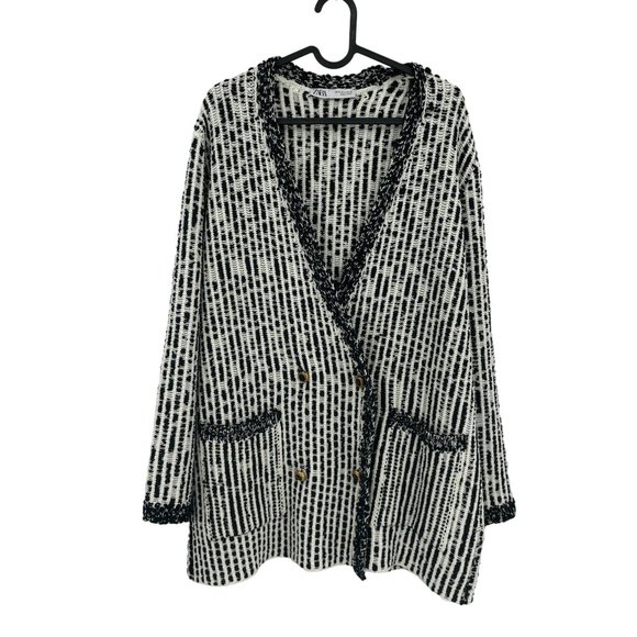 Zara Sweaters - #027 Zara Womens Tweed Knit Blazer Cardigan Sweater Medium Black White Oversized